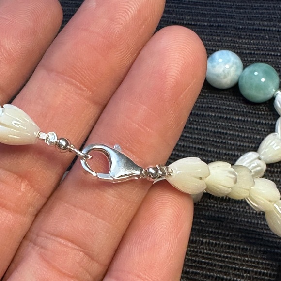 Handmade Mother of Pearl Pikake 16” Choker Necklace AAA Larimar Grey Pearls - Picture 5 of 10